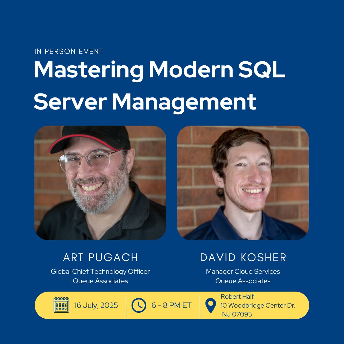 Queue Associates (@queueassociates) on Twitter photo Join us tonight for an engaging session on modern #SQL Server administration, featuring what’s next with SQL Server 2025, #SSMS21, and AI-powered management at the NJ SQL Data Platform Users Group Meeting!
📍10 Woodbridge Center Dr., Woodbridge, NJ 07095
🕕July 16 at 6:00 PM Join us tonight for an engaging session on modern #SQL Server administration, featuring what’s next with SQL Server 2025, #SSMS21, and AI-powered management at the NJ SQL Data Platform Users Group Meeting!
📍10 Woodbridge Center Dr., Woodbridge, NJ 07095
🕕July 16 at 6:00 PM