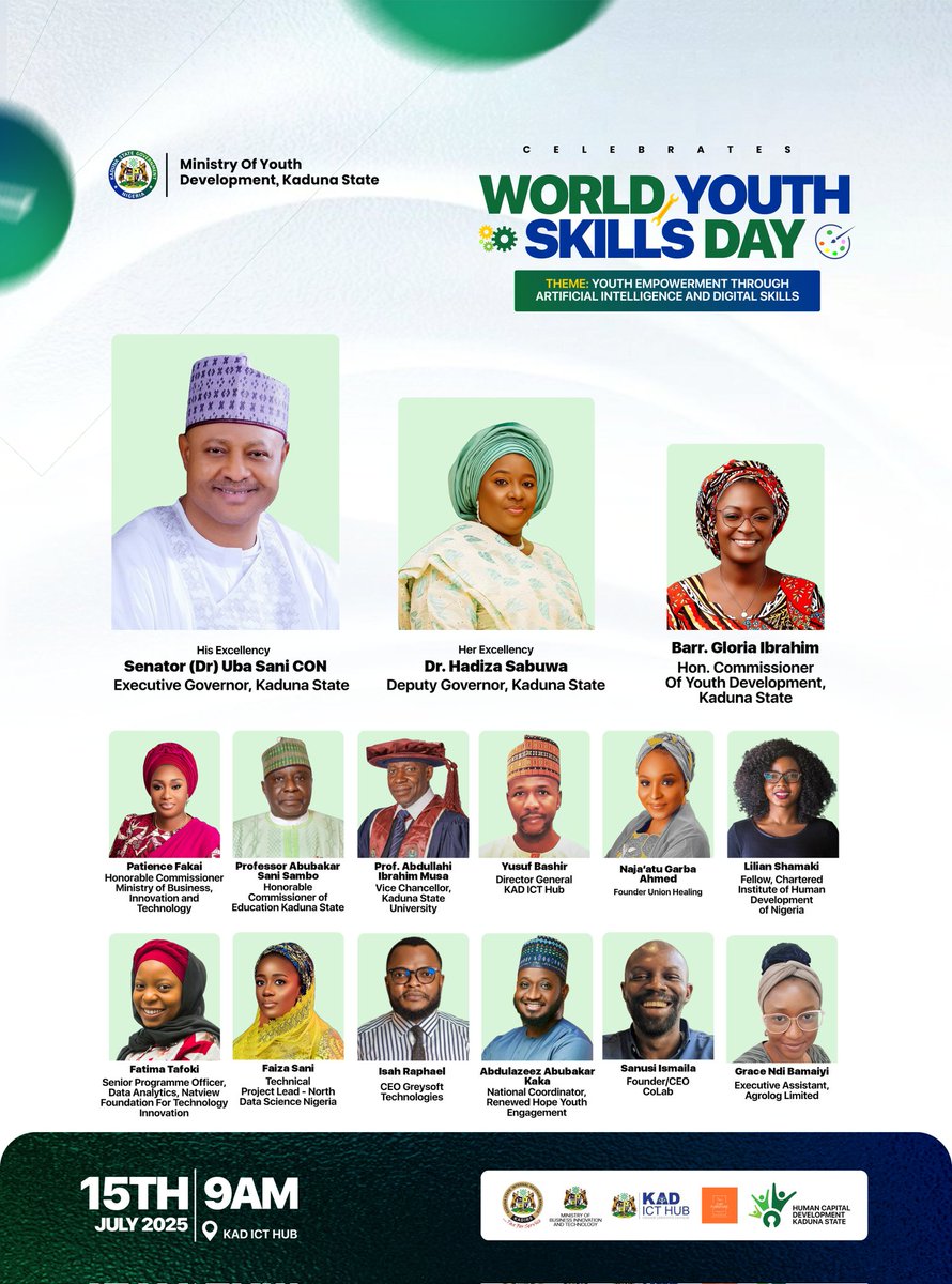History in the making!
For the first time ever, Kaduna State is marking World Youth Skills Day 2025 in a big way!
Join the Ministry of Youth Development for a two-day hybrid event themed:
“Youth Empowerment Through Artificial Intelligence &amp; Digital Skills”