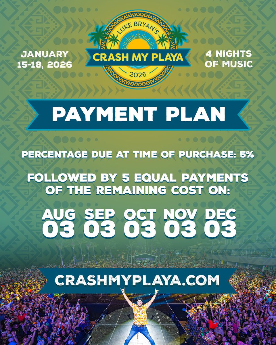 Everyone needs a vacation! Break up the cost of your Crash My Playa package with our payment plans. 🤠

Just put down 5% at time of payment and pay it off over 5 monthly installments. 🏝️  crashmyplaya.com