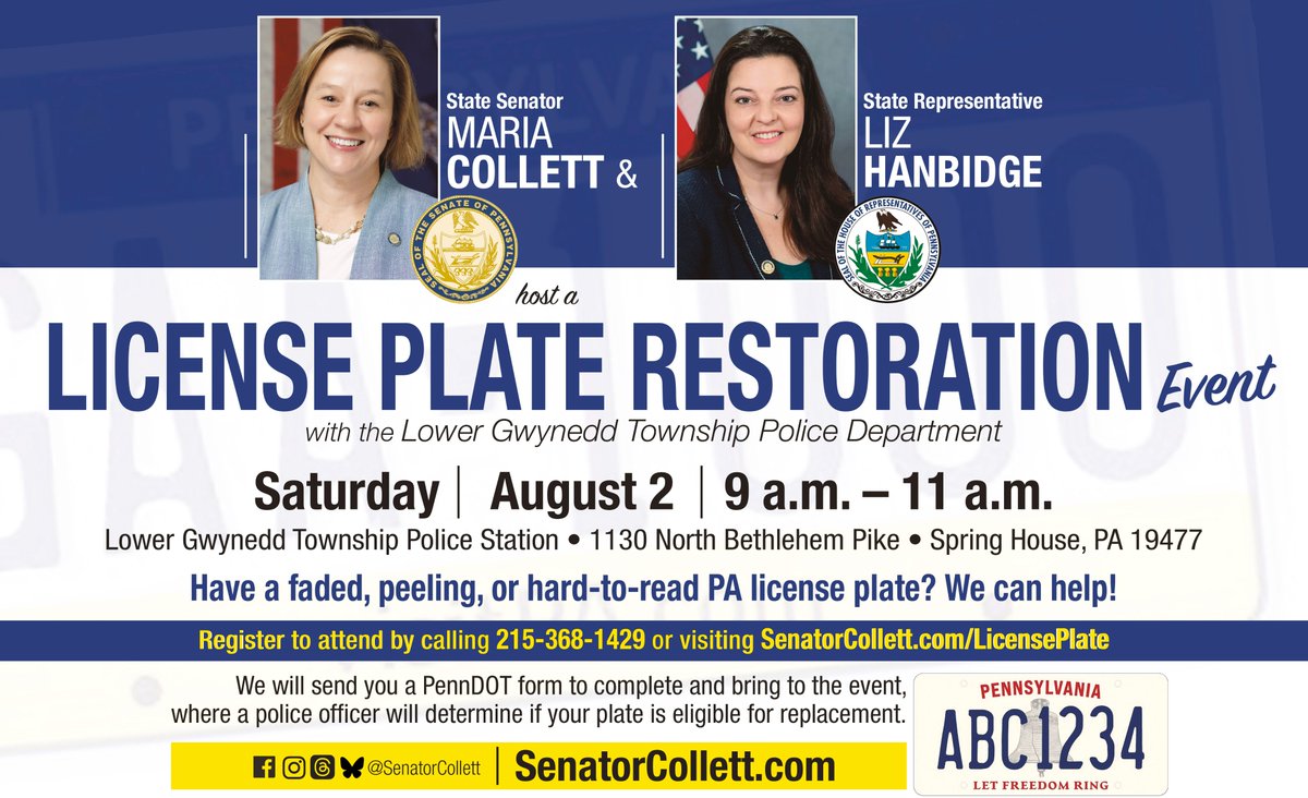 Rep. Liz Hanbidge (@rephanbidge) on Twitter photo Do you have a faded, peeling, or hard-to-read PA license plate? We can help! Join <a href="/SenatorCollett/">Senator Maria Collett</a> & my office for a License Plate Restoration Event w/the <a href="/LowerGwyneddPA/">Lower Gwynedd Twp.</a> Police Dept on Saturday, Aug 2 from 9 – 11 @ 1130 N. Bethlehem Pike. Please call (610) 277-3230 with questions Do you have a faded, peeling, or hard-to-read PA license plate? We can help! Join <a href="/SenatorCollett/">Senator Maria Collett</a> & my office for a License Plate Restoration Event w/the <a href="/LowerGwyneddPA/">Lower Gwynedd Twp.</a> Police Dept on Saturday, Aug 2 from 9 – 11 @ 1130 N. Bethlehem Pike. Please call (610) 277-3230 with questions