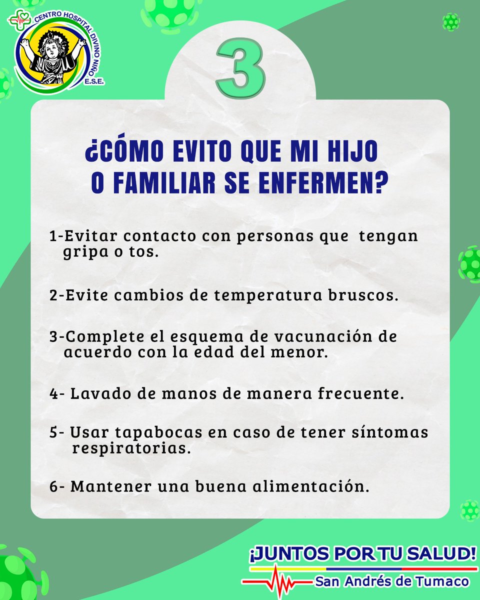 CHDN1's tweet image. 😷 La Infección Respiratoria Aguda (#IRA) se transmite por el aire o contacto directo. 
✅ Lava tus manos
😷 Usa tapabocas
🚪 Evita espacios cerrados
❌ No te automediques
Ante tos, fiebre o dificultad para respirar, busca atención médica.
 #Tumaco #salud