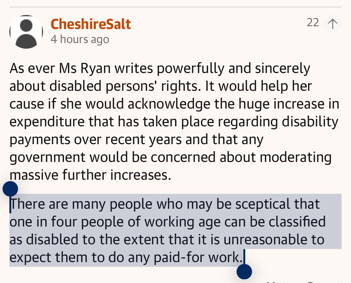 DrFrancesRyan's tweet image. It worries me how many people misunderstand “1 in 4 people are disabled” as “1 in 4 people can’t work or are on benefits.”
This is BTL on today’s column who presumably regularly reads and engages. Yet they still genuinely think a quarter of adults aren’t working due to illness?!