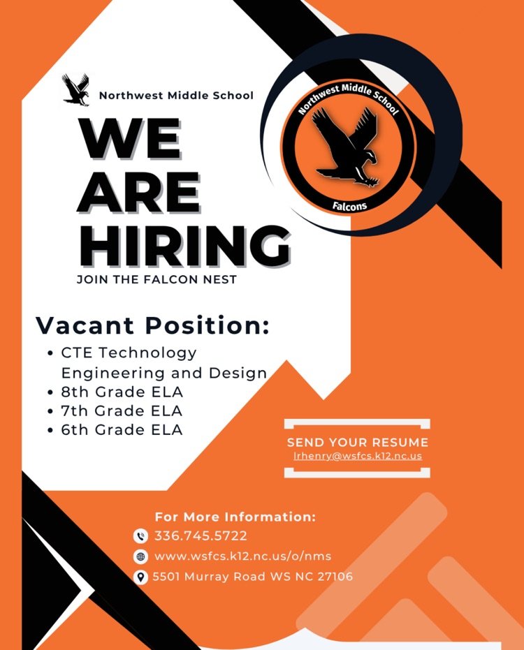 📢 We’re HIRING at Northwest Middle! 

Open roles:
🔸 CTE: Engineering &amp; Design
🔸 6th–8th Grade ELA
📩 Send resume: lrhenry@wsfcs.k12.nc.us
🌐 Info: wsfcs.k12.nc.us/o/nms
#JoinTheNest #NowHiring #FalconPride