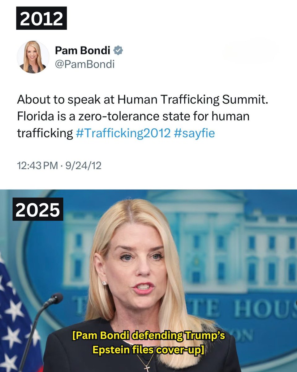 Remember when Bondi was fighting against child trafficking in FL? Now she’s shielding the Epstein files and protecting Trump.

If she won’t deliver justice, it’s time for her to resign.