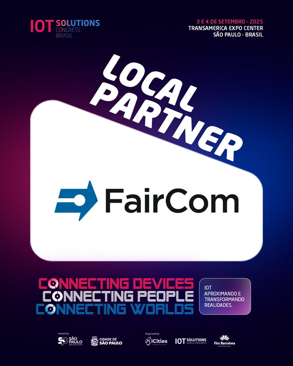 iotscbrasil's tweet image. 🚀 A FairCom é nossa Local Partner no #IOTSCB25! Uma empresa norte-americana com mais de 40 anos de inovação em banco de dados e integração de dados.
Garanta seu ingresso do Lote 1 agora! 3 e 4 de setembro: iotscongressbrasil.com.br/ingressos/