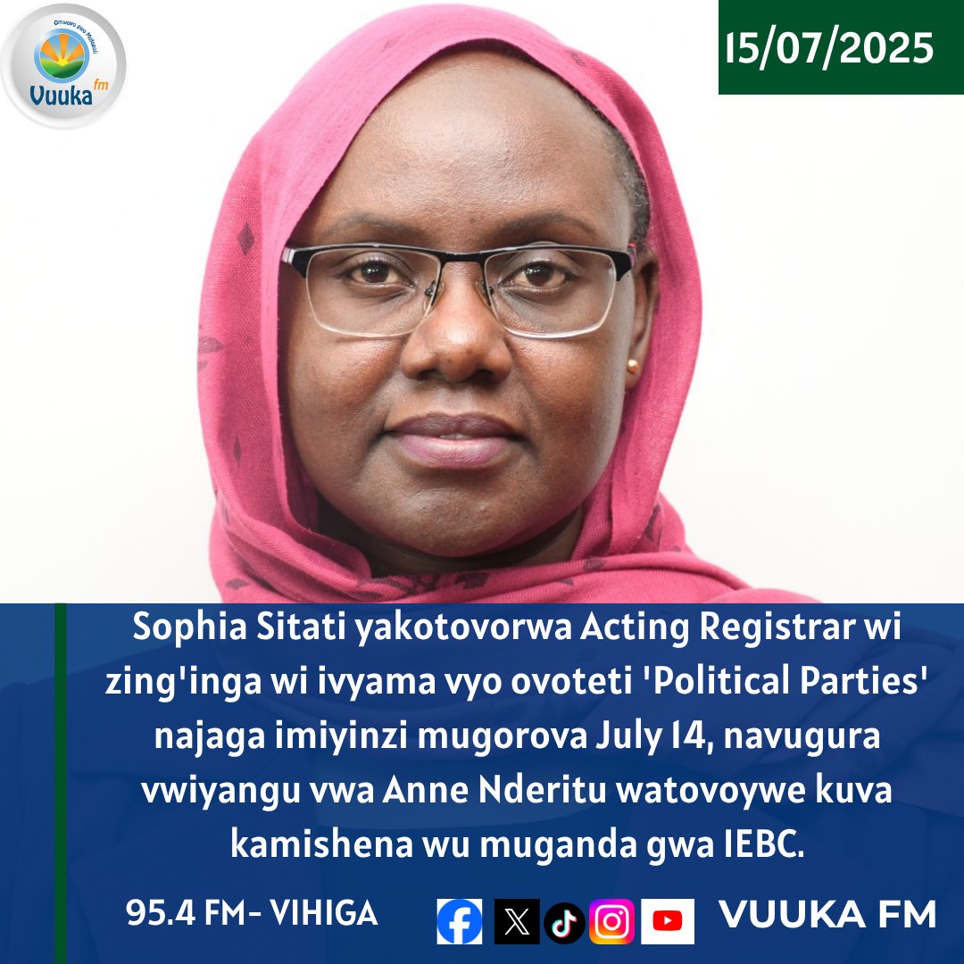 Sophia Sitati yakotovorwa Acting Registrar wi zing'inga wi ivyama vyo ovoteti 'Political Parties' najaga imiyinzi mugorova July 14, navugura vwiyangu vwa Anne Nderitu watovoywe kuva kamishena wu muganda gwa IEBC. #UmwoyoGwuMurogori #PoliticalParties #registrar #appointments