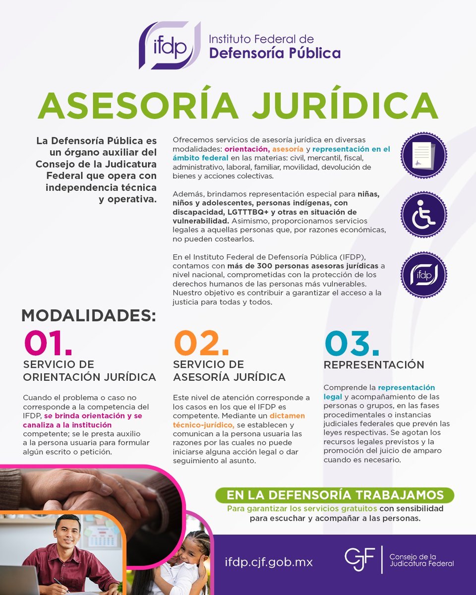 defensoriaifdp's tweet image. 📌El #IFDP ofrece servicios de orientación, asesoría y representación jurídica en el ámbito federal en temas de seguridad social, laboral, migratoria, impuestos, cargos no reconocidos, acceso a servicios, entre otros; así como representación especial para personas en situación…