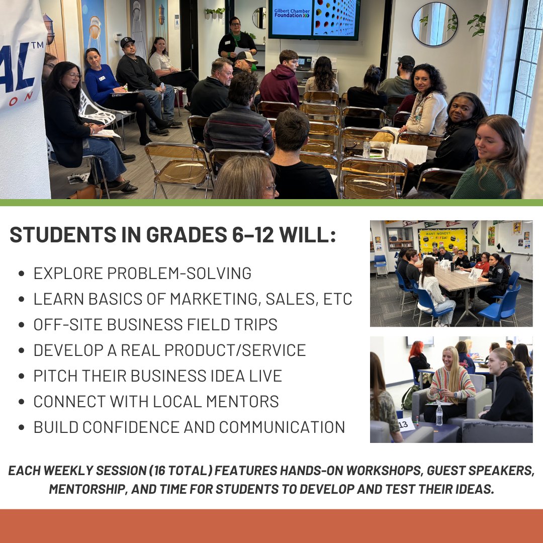 The Gilbert Chamber of Commerce Foundation is happy to introduce the Student Entrepreneurs Academy (SEA) designed for students and will feature hands-on workshops, guest speakers, and mentorship. 

Learn how the program works and how to get involved at tinyurl.com/gcfsea25.