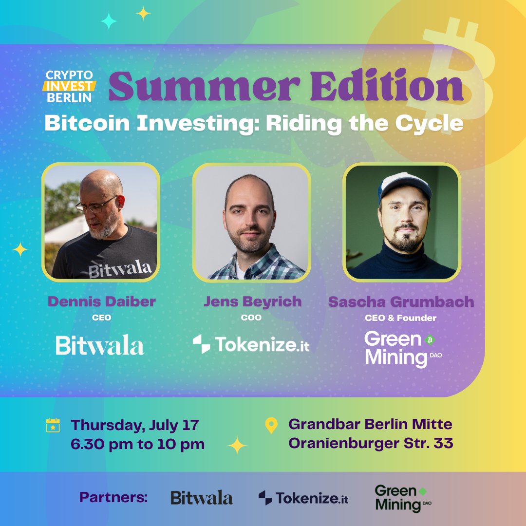 Crypto Invest Berlin (@cryptoinvestbln) on Twitter photo 🤔 BTC +7%, ETH +17.5% in 7 days – but what now? 🤔
This Thursday
🔸 Dennis (<a href="/Bitwala/">Bitwala</a> – 18 y experience as trader, now Bitcoin banker
🔸 Jens (<a href="/tokenizeitHQ/">Tokenize.it</a>) – seasoned VC and investor, building Web3 equity
🔸 Sascha (<a href="/Greenminingdao/">Green Mining DAO</a>) – OG Bitcoiner, mining green & profitable 🤔 BTC +7%, ETH +17.5% in 7 days – but what now? 🤔
This Thursday
🔸 Dennis (<a href="/Bitwala/">Bitwala</a> – 18 y experience as trader, now Bitcoin banker
🔸 Jens (<a href="/tokenizeitHQ/">Tokenize.it</a>) – seasoned VC and investor, building Web3 equity
🔸 Sascha (<a href="/Greenminingdao/">Green Mining DAO</a>) – OG Bitcoiner, mining green & profitable