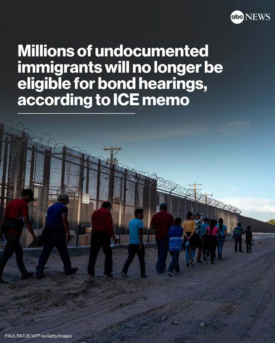 Immigrants who arrive in the U.S. illegally will no longer be eligible for a bond hearing, a move that comes as the Trump administration ramps up efforts to keep immigrants who enter the country legally detained, sources told ABC News. abcnews.link/X0dQAMj