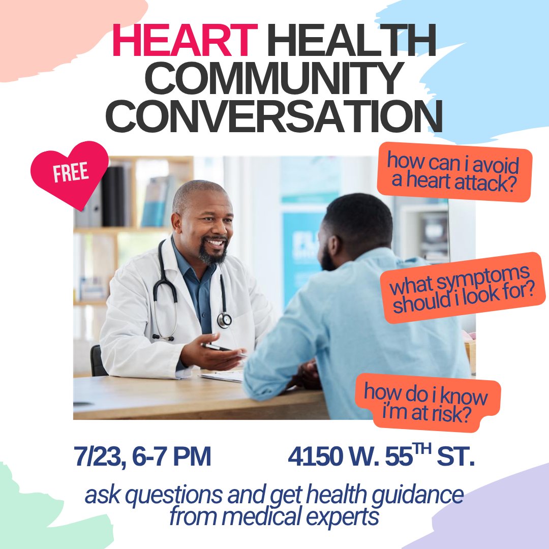 ChiPublicHealth's tweet image. Did you know? Between 20-60% of all heart attacks are silent.
Join us for an important (and FREE) community conversation about heart health! ♥️
📅 Wednesday, July 23
⌚ 6-7 PM
📍 Greater Lawn West 55th Street Health Hub (4150 W. 55th St.)
⭐ Register: eventbrite.com/e/black-men-an…