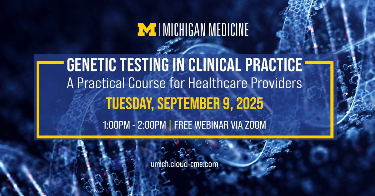UMIntMed's tweet image. 🧬 Free Webinar! 

Genetic Testing in Clinical Practice

Gain tools to integrate genetics into patient care.
🧑‍⚕️ Ideal for PCPs, RNs, &amp;amp; allied health
✅ Learn when to refer and understand risks &amp;amp; benefits
🔗 umich.cloud-cme.com/course/courseo…

#Genetics #MedEd