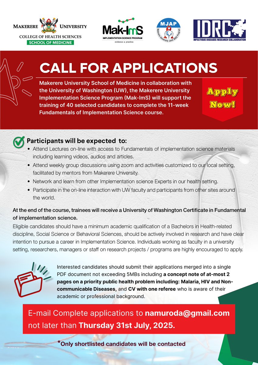 MakCHS_SOM's tweet image. 📢 Call for Applications!
Join the 11-week Fundamentals of Implementation Science course by @Makerere & @UW. Open to researchers & health professionals.
✅ Cert. from UW
🗓️ Deadline: July 31, 2025
📧 Apply: namuroda@gmail.com
#ImplementationScience #MakImS