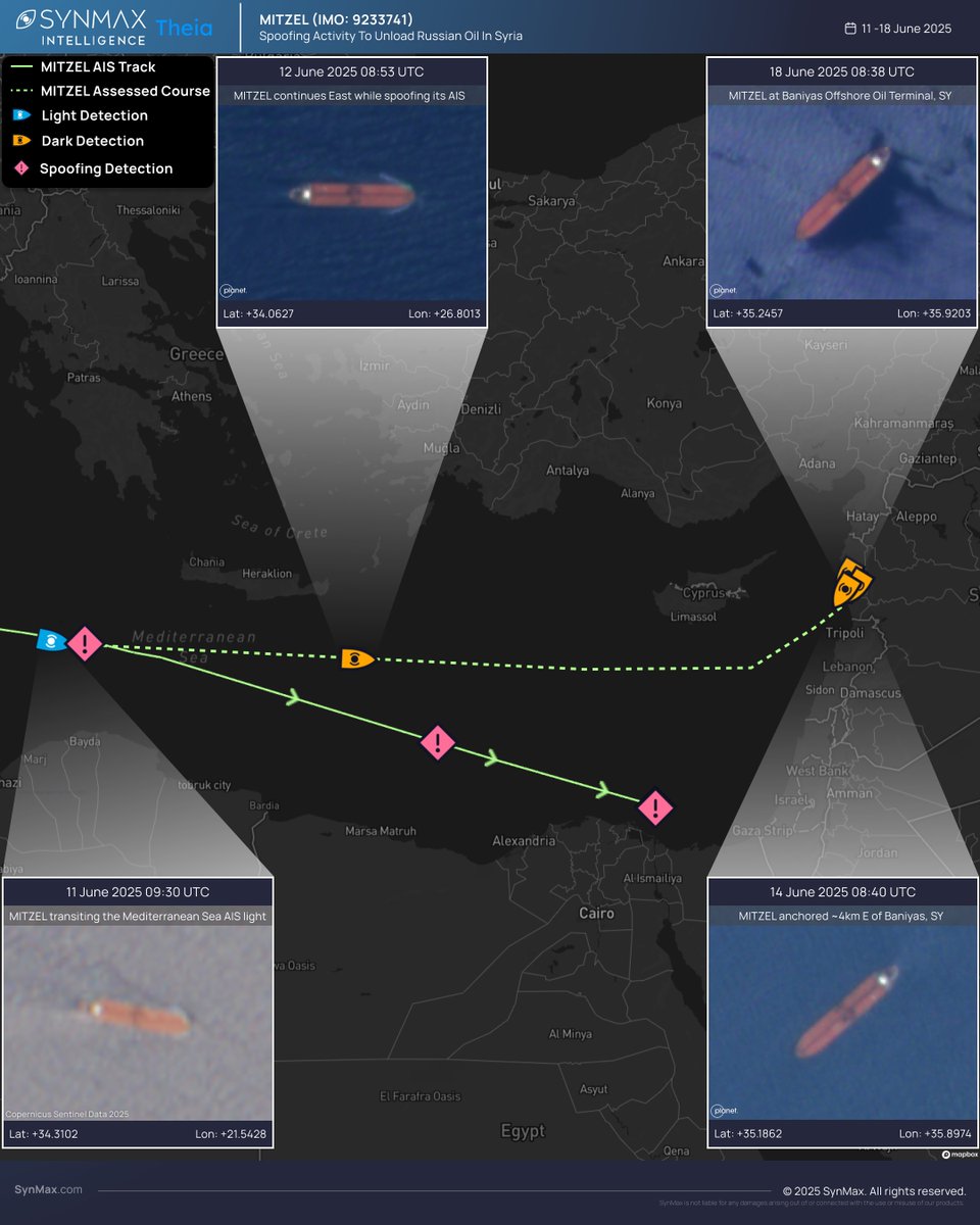 SynMaxInt's tweet image. The MITZEL (IMO 9233741), a 274-meter, Comoros-flagged Suezmax tanker with a complex history of name changes and flag-hopping, recently delivered sanctioned oil from Russia to Syria, attempting to avoid international oversight by systematically spoofing her AIS.
The vessel,…