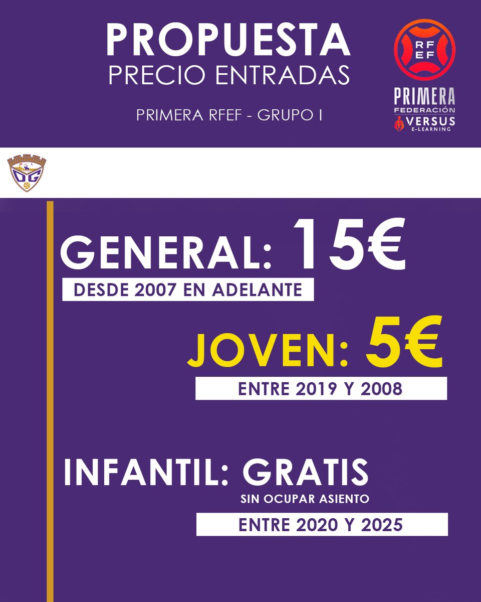 El C.D. Guadalajara está en contacto con los clubes del Grupo 1 de Primera Federación para llegar a un acuerdo de entradas que permita fomentar los desplazamientos de las aficiones visitantes a los estadios.

La propuesta está formada de tres categorías:
▪️ General: 15€
▪️