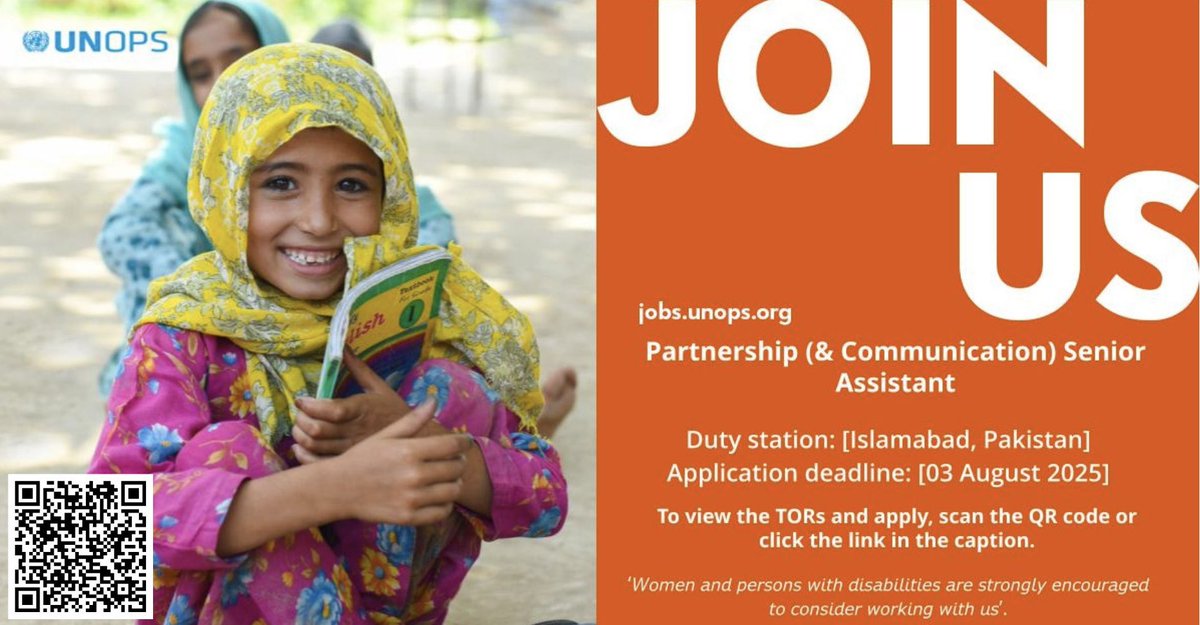 𝐔𝐍𝐎𝐏𝐒 𝐏𝐚𝐤𝐢𝐬𝐭𝐚𝐧 𝐢𝐬 𝐡𝐢𝐫𝐢𝐧𝐠 𝐟𝐨𝐫 𝐭𝐰𝐨 𝐤𝐞𝐲 𝐫𝐨𝐥𝐞𝐬!

To apply click the links given below or scan the QR code 
1. jobs.unops.org/Pages/ViewVaca…
Deadline: 20 July 2025 

2. jobs.unops.org/Pages/ViewVaca…
Deadline: 03 August 2025 

#JobsatUNOPS #PracticalsSolutions