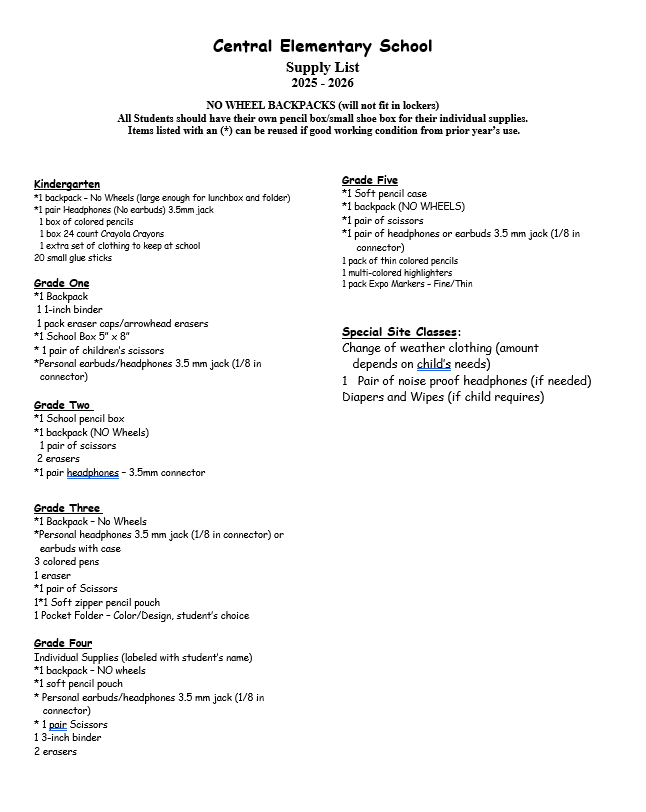 Central Elementary School Supply List for 2025-2026