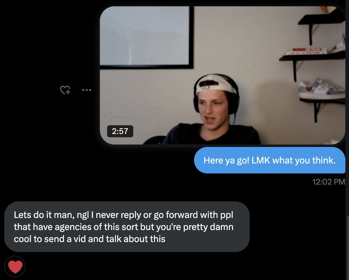 CaptainCKeth's tweet image. Doing business in crypto hack
👉Video responses
Sending videos as responses:
1. Builds trust
2. Shows intentionality
3. Allows you to communicate much more information
Been doing this for 6+ months and its been an absolutely massive unlock for us.