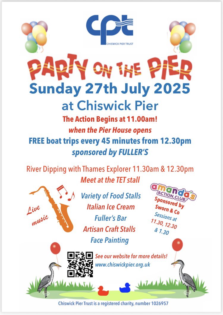 ChiswickPier's tweet image. 🎉🎶 Party on… the Pier!🎉 @ChiswickPier on Sunday 27th July from 11am FREE boat trips and river dipping - Amanda’s Action Kids, food stalls, bar and lots more 👌⭐️🍺🍨🍦🍔🍰🧁🍬