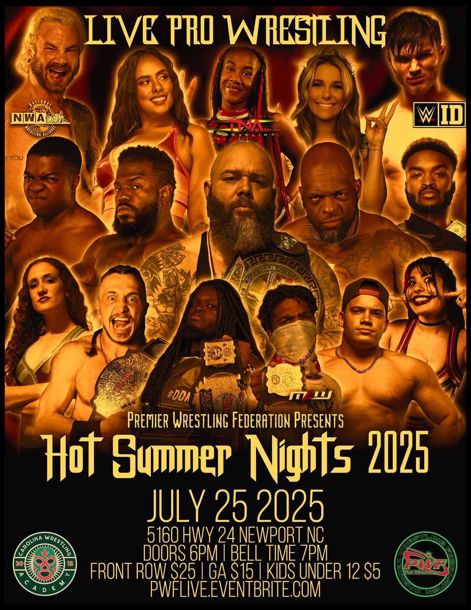 PWFLive's tweet image. ‼️SHOW ANNOUNCEMENT‼️
PWF returns to the CWA on 7/25 for “Hot Summer Nights 2025!”
Former Shinjiro Otani Openweight Champion Joe Black and Vinny “Powerpunch” Pacifico make their returns, while “The Big Bad Kaiju” O’Shay Edwards makes his debut on the Crystal Coast!