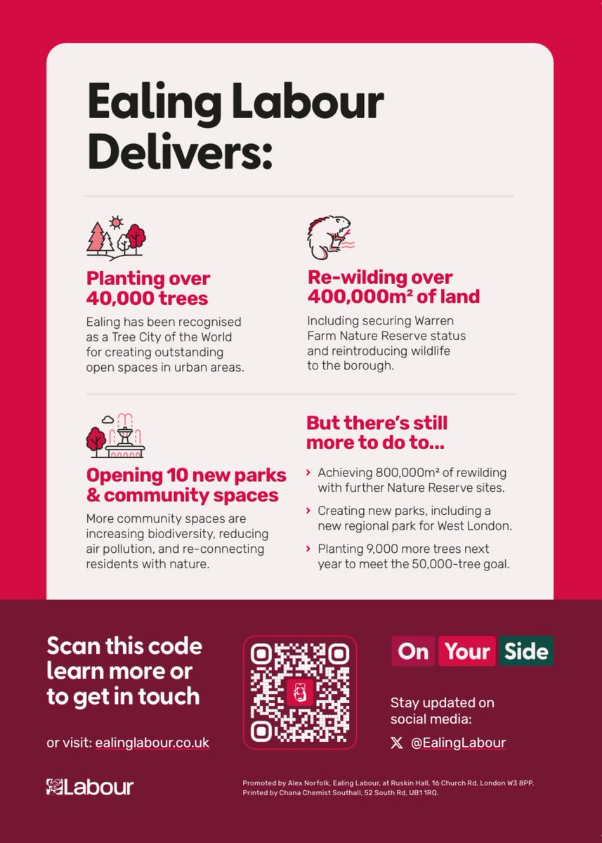 Ealing Labour Delivers. 

🌱More parks
🌳More trees
🦫More wildlife 

💨Clean air
💧Clean water
♻️Clean streets 

#OnYourSide 🌹