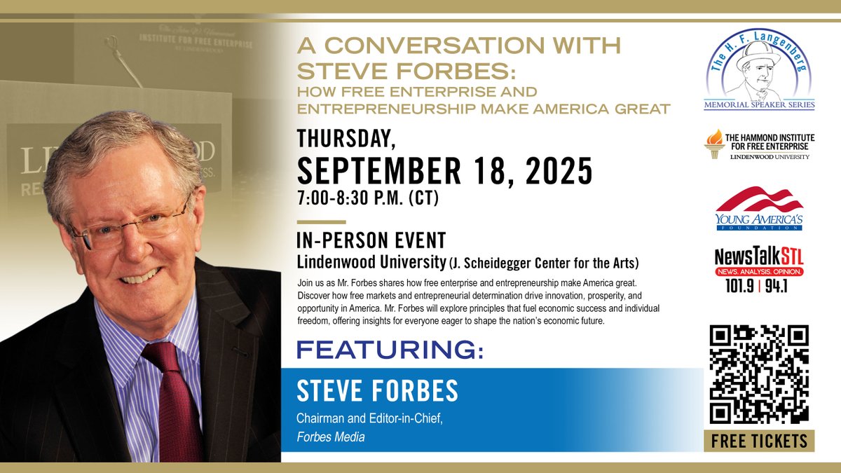 Get your free tickets to see <a href="/SteveForbesCEO/">Steve Forbes</a> at <a href="/LindenwoodU/">LindenwoodUniversity</a> on Sept. 18th before they are all gone!

Register here luboxoffice.universitytickets.com/w/event.aspx?i…

More information at newstalkstl.com/steveforbes/

<a href="/yaf/">YAF</a> <a href="/HammondInst/">Hammond Institute</a> <a href="/WestNewsmag/">West Newsmagazine</a> <a href="/MidRiversNews/">Mid Rivers Newsmagazine</a>