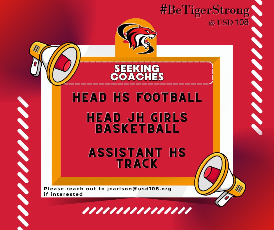 WaCo Tigers (@tigerswaco) on Twitter photo Washington County Jr. Sr. High School is looking for individuals passionate about coaching and helping the next generation of Tiger Athletes. Please reach out to Jordan Carlson, principal, at jcarlson@usd108.org if you are interested in any of these positions. #BeTigerStrong Washington County Jr. Sr. High School is looking for individuals passionate about coaching and helping the next generation of Tiger Athletes. Please reach out to Jordan Carlson, principal, at jcarlson@usd108.org if you are interested in any of these positions. #BeTigerStrong
