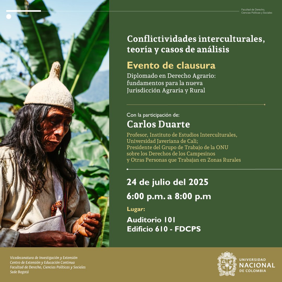 El Centro de Extensión de la Facultad de Derecho, Ciencias Políticas y Sociales invita al evento de Clausura del Diplomado en Derecho Agrario.

Día: 24 de julio de 2025 / Hora: 6:00pm

Lugar: Auditorio 101 – edificio 610