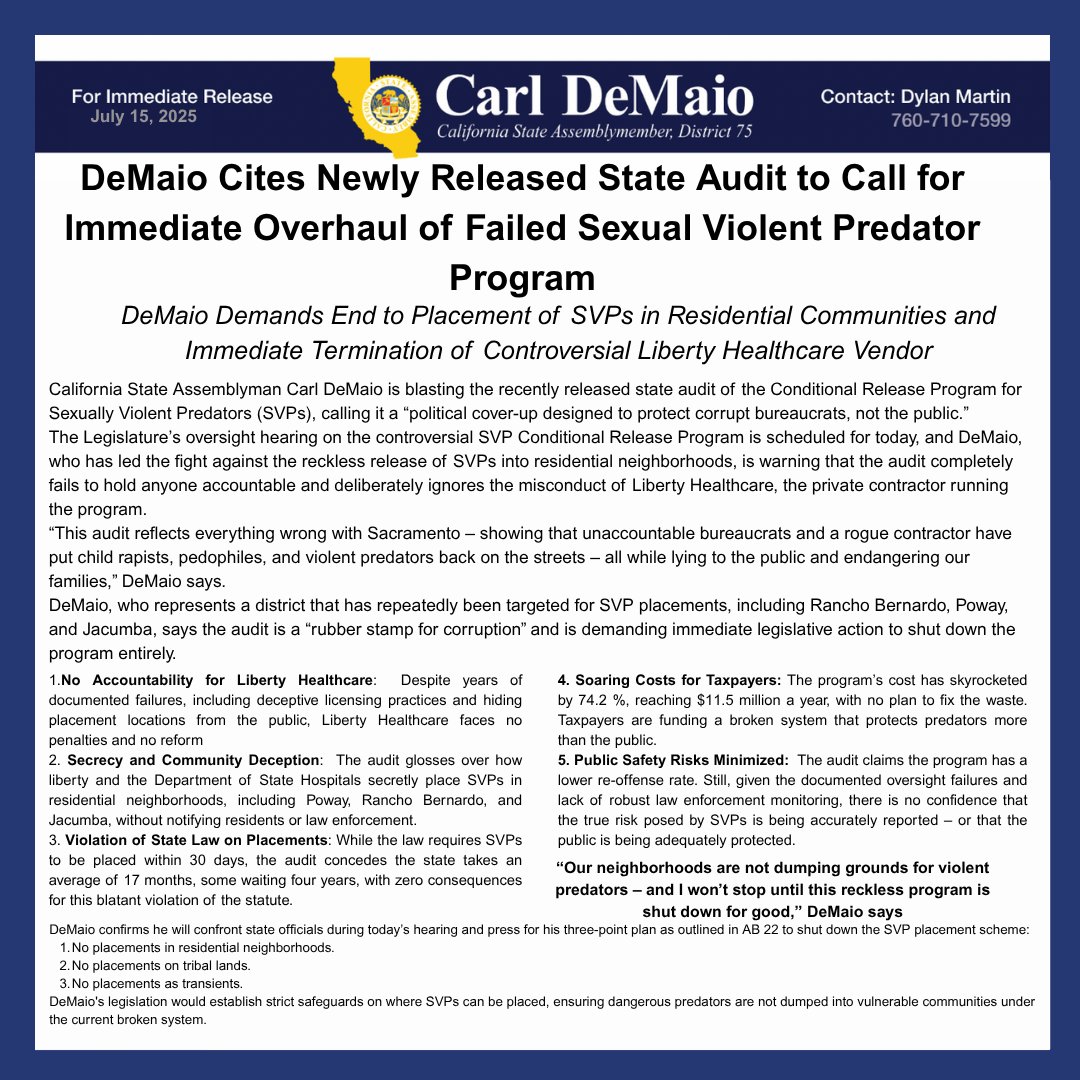 AsmDeMaioOffice's tweet image. CA Asm. Carl DeMaio is pointing to a damming audit of the S*xual Violent Predator placement program and demanding an immediate end to the placement of SVPs in residential communities. READ:
