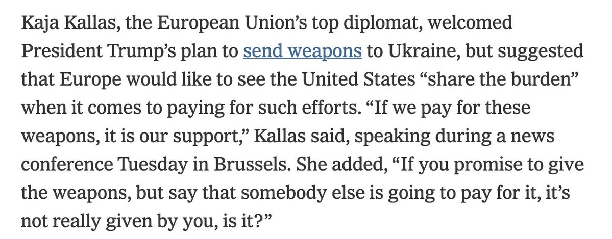 Kallas, jefa de la diplomacia de la #UE, sobre #Trump, armas a #Ucrania y #OTAN tras el triunfalismo de ayer del líder de #EEUU y de Rutte: "Si prometes dar las armas pero dices que alguien más va a pagar por ellas no estas dándolas realmente ¿no?" No elperiodico.com/es/internacion…