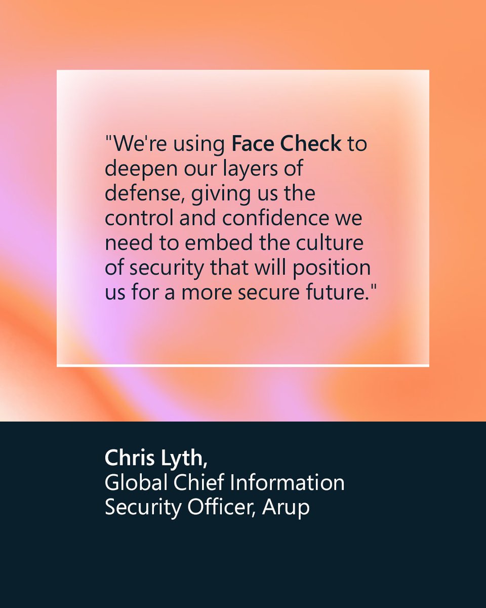 msftsecurity's tweet image. Arup, a leader in built environments, needed to protect its IP and data from deepfakes. Learn how it used Face Check with Microsoft Entra Verified ID for high-assurance verifications in real time: msft.it/6013ShiHd