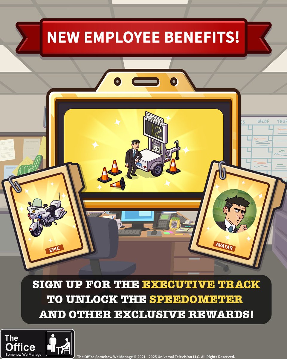 Did you enroll in the new Employee Benefits yet? Because every task you complete gets you closer to the good stuff! 🤑 But don't forget! You can sign up for the EXECUTIVE TRACK and you can win EXCLUSIVE rewards like the SPEEDOMETER, which unlocks a unique animation! 🏃