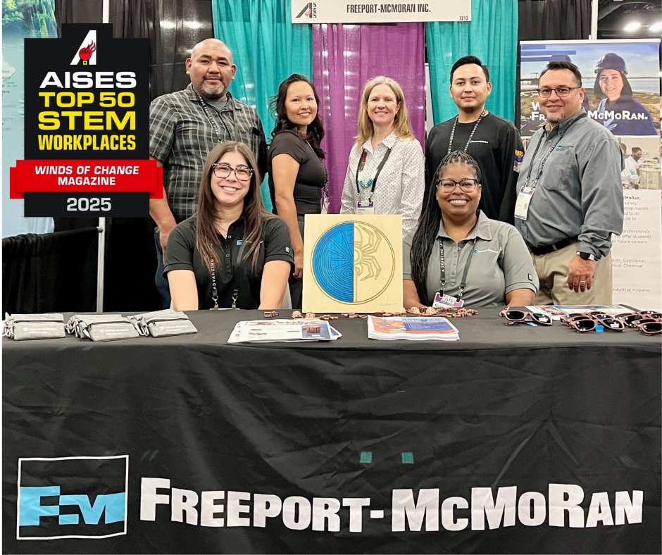 FM_FCX's tweet image. We are proud to be named one of the Top 50 Workplaces for Indigenous STEM Professionals by “Winds of Change,” the publication of the American Indian Science and Engineering Society (@AISES). 

AISES selects companies based on how they recruit, support and engage Indigenous…