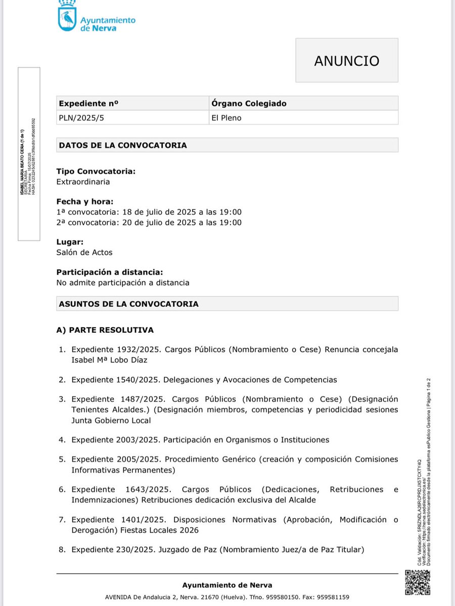 ☝🏻𝐓𝐔 𝐀𝐘𝐔𝐍𝐓𝐀𝐌𝐈𝐄𝐍𝐓𝐎 𝐓𝐄 𝐀𝐍𝐔𝐍𝐂𝐈𝐀:

El próximo viernes 18 de julio a las 19:00 horas, la Corporación municipal celebrará Pleno Extraordinario en el Ayuntamiento de Nerva con el orden del día adjunto.