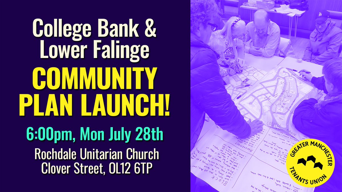 🥳 You are invited to the LAUNCH! 
Of College Bank &amp; Lower Falinge Community Plan

⏰ 6:00pm July 28th 
📍  Rochdale Unitarian Church, OL12 6TP

RBH still displacing long-standing residents, leaving other blocks empty &amp; freezing,  ignoring our demands for alternatives...

1/2