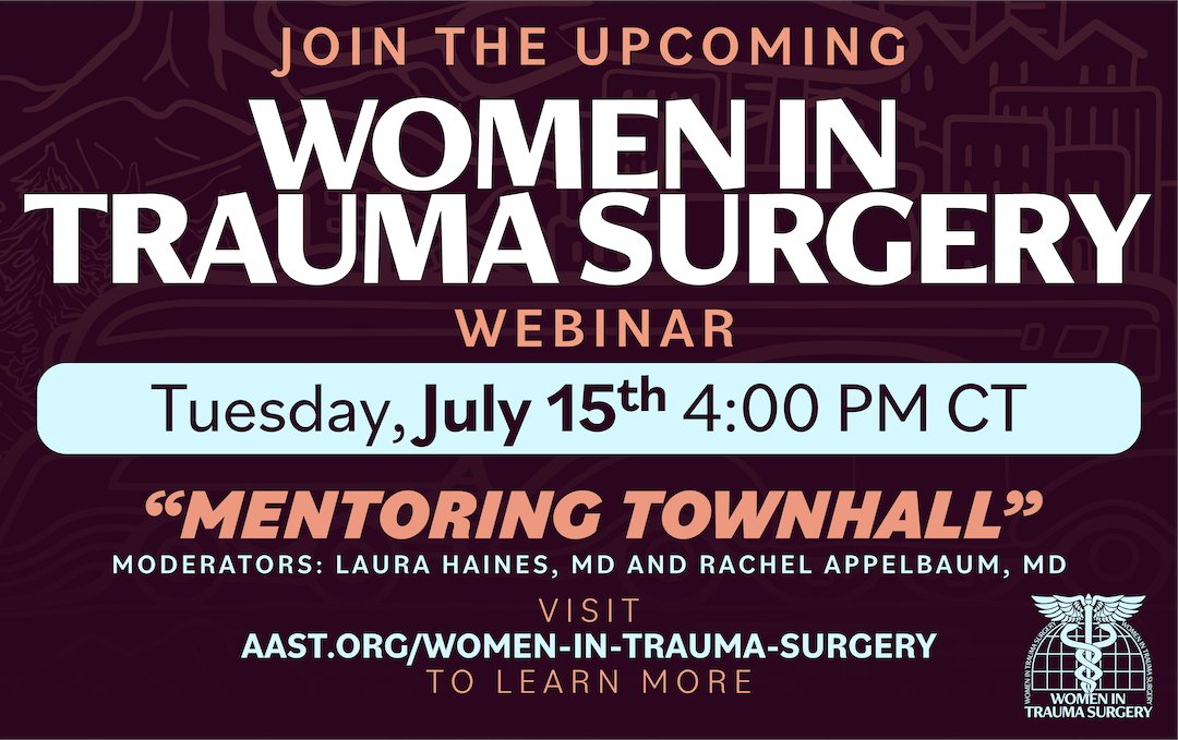 traumadoctors's tweet image. Happening TODAY!
Join the Women in Trauma Surgery Webinar at 4:00 PM CT for “Mentoring Townhall” — a live, engaging conversation moderated by Drs. Laura Haines and Rachel Appelbaum.
🔗 Learn more:
aast.org/women-in-traum…