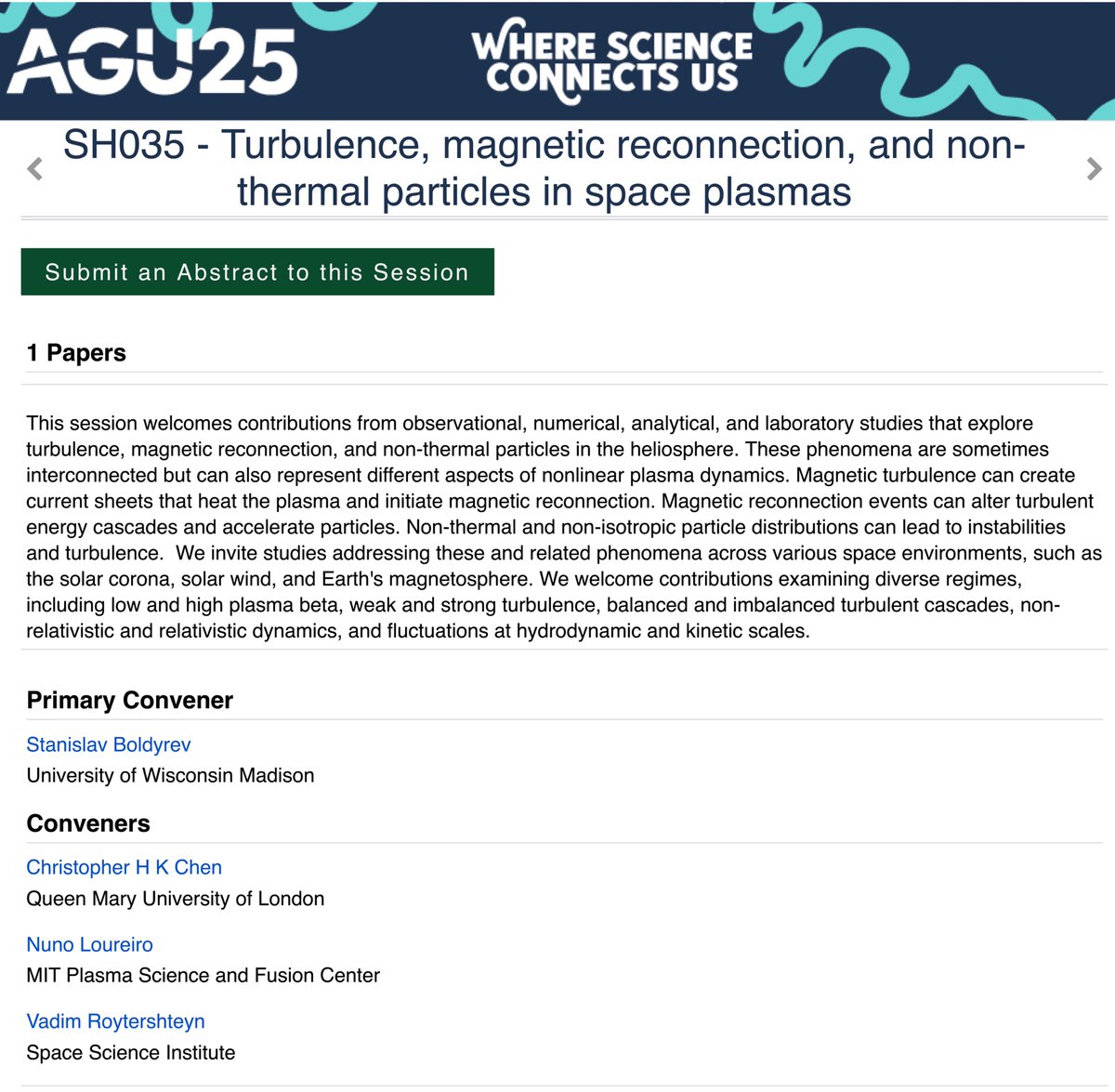 Christopher Chen (@chkchen) on Twitter photo Our <a href="/theAGU/">AGU (American Geophysical Union)</a> session on "Turbulence, magnetic reconnection, and non-thermal particles in space plasmas" is open for abstract submissions. Deadline: 30 July 2025 (23:59 EDT/03:59 UTC). #AGU25 #AGU2025 agu.confex.com/agu/agu25/prel… Our <a href="/theAGU/">AGU (American Geophysical Union)</a> session on "Turbulence, magnetic reconnection, and non-thermal particles in space plasmas" is open for abstract submissions. Deadline: 30 July 2025 (23:59 EDT/03:59 UTC). #AGU25 #AGU2025 agu.confex.com/agu/agu25/prel…