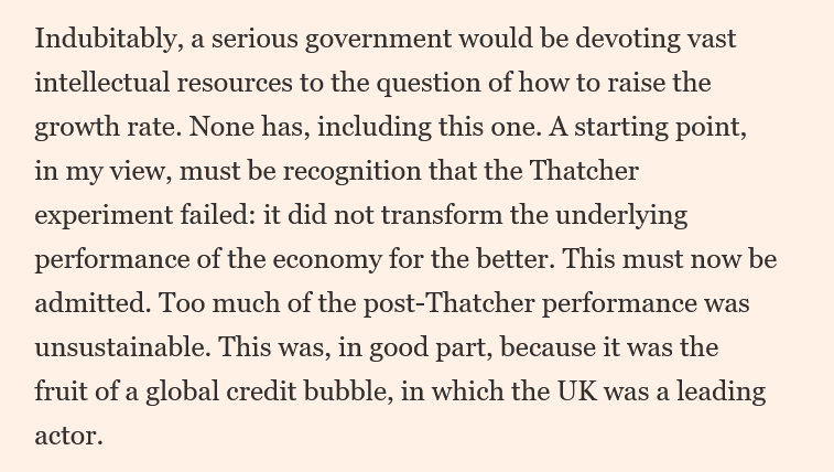 ktdrozdowski's tweet image. Spot-on take by Wolf on the UK’s stagnation:
1) No serious political camp is thinking about how to boost productivity growth.
2) The Thatcher experiment has ultimately proven to be a failure (an intermezzo at best)