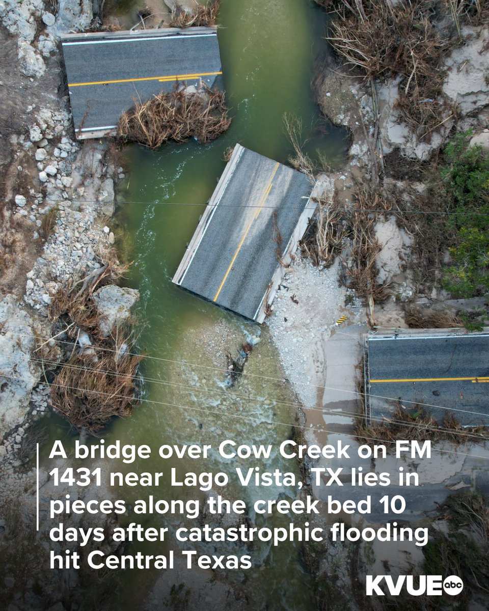 A bridge near Lago Vista, Texas, is broken into pieces 10 days after catastrophic flooding.