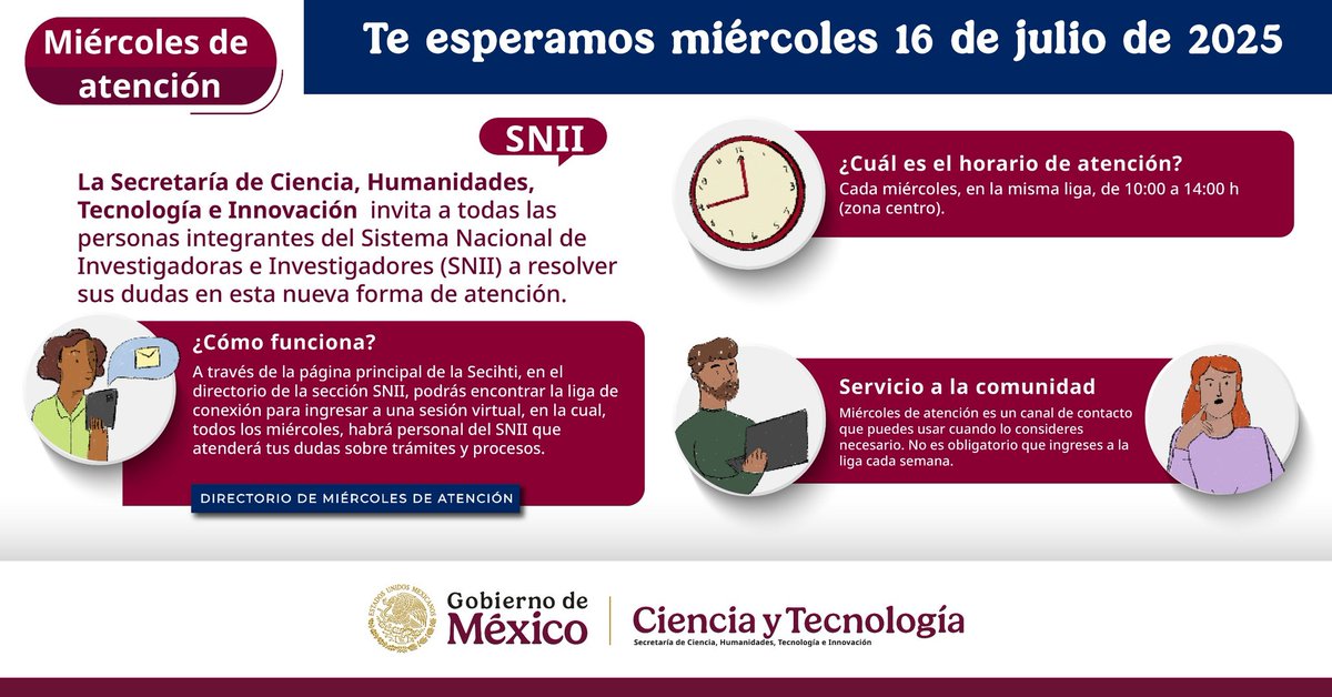 📢 #MiércolesDeAtención ||
Recibe orientación personalizada sobre trámites, requisitos y procesos del Sistema Nacional de Investigadoras e Investigadores #SNII 🧑‍🔬📄
🗓️ 16 de julio, de 10:00 a 14:00 h
🔗 Ingresa aquí: bit.ly/458Ml1Q