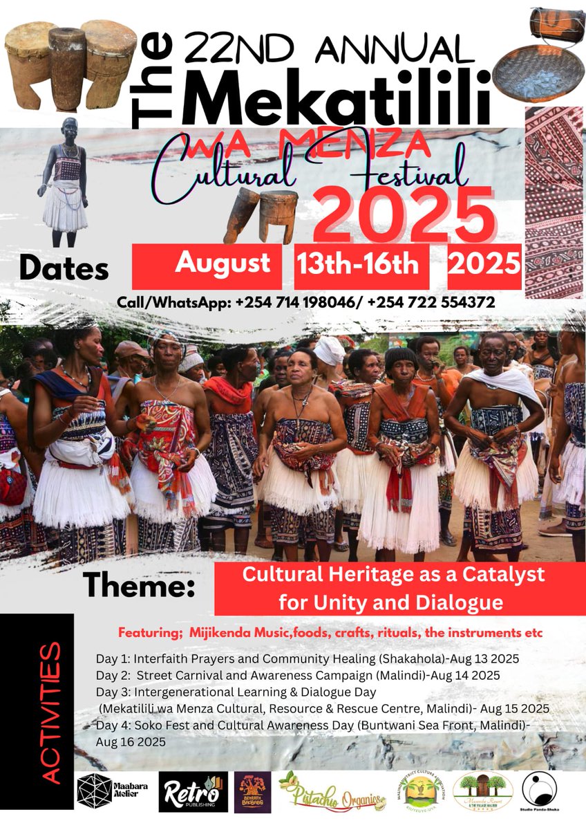 LearnGiryama's tweet image. The 22nd Annual Mekatilili Wa Menza Festival is HERE!

Culture • Music • Intergenerational Dialogue • Heritage

📍Malindi  and Shakahola, Kilifi County 

🗓️ August 13th–15th, 2025

Join us for powerful performances, rituals, cultural foods, and unity.

📞 Info: 0722 554372