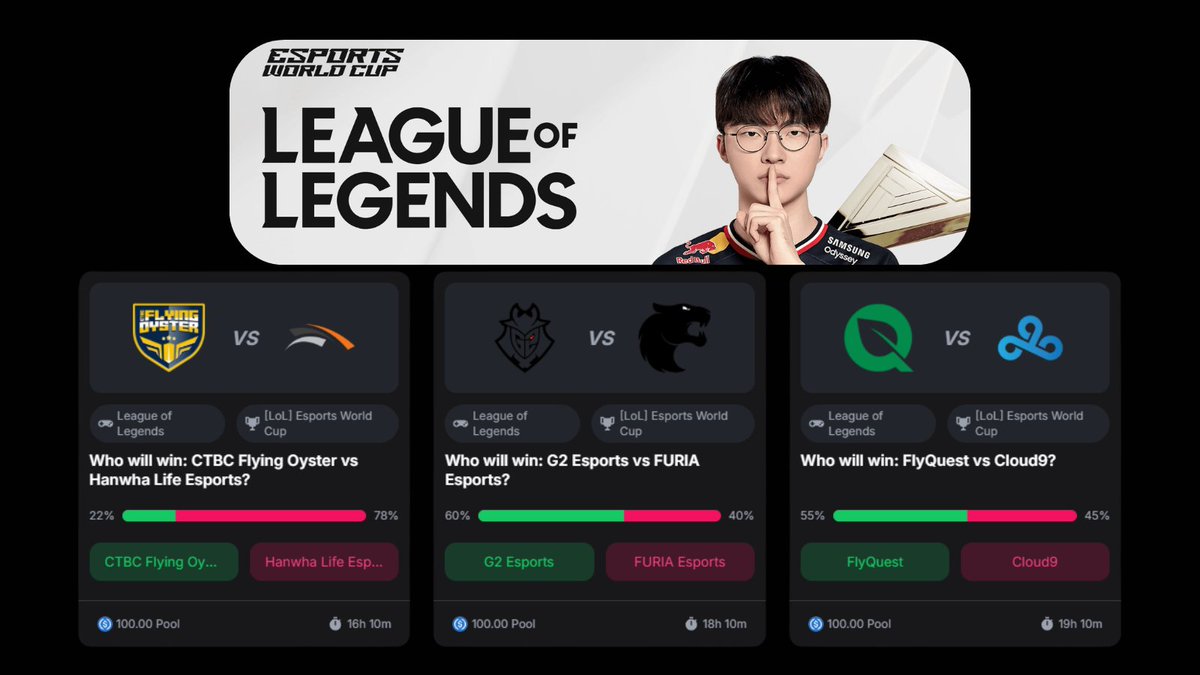 PogPredict's tweet image. 🚨NEW MARKETS ALERT!🚨
#EWC2025 League of Legends matches:
CTBC vs Hanwha Life Esports
G2 vs FURIA
FlyQuest vs Cloud9