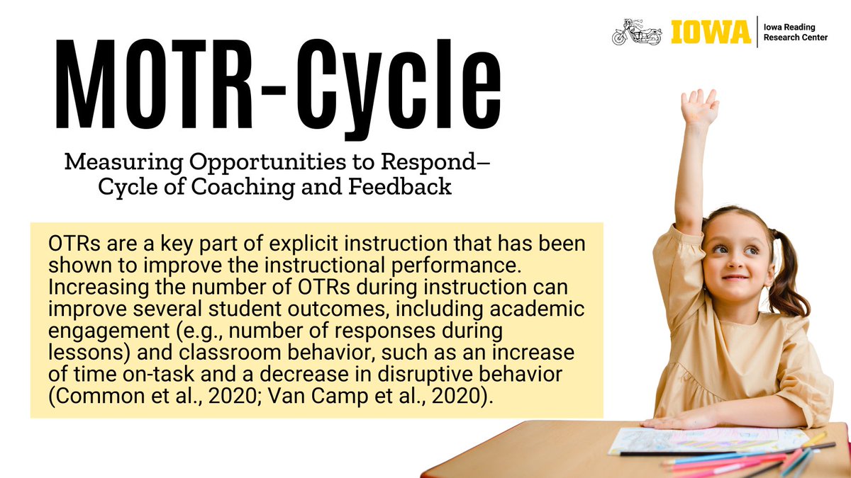 IAReading's tweet image. When instructional coaches measure student opportunities to respond (OTRs) during a classroom observation, they can provide support to increase student engagement. Our online application, MOTR-Cycle, provides an easy way to measure OTRs, and it’s available for free!…