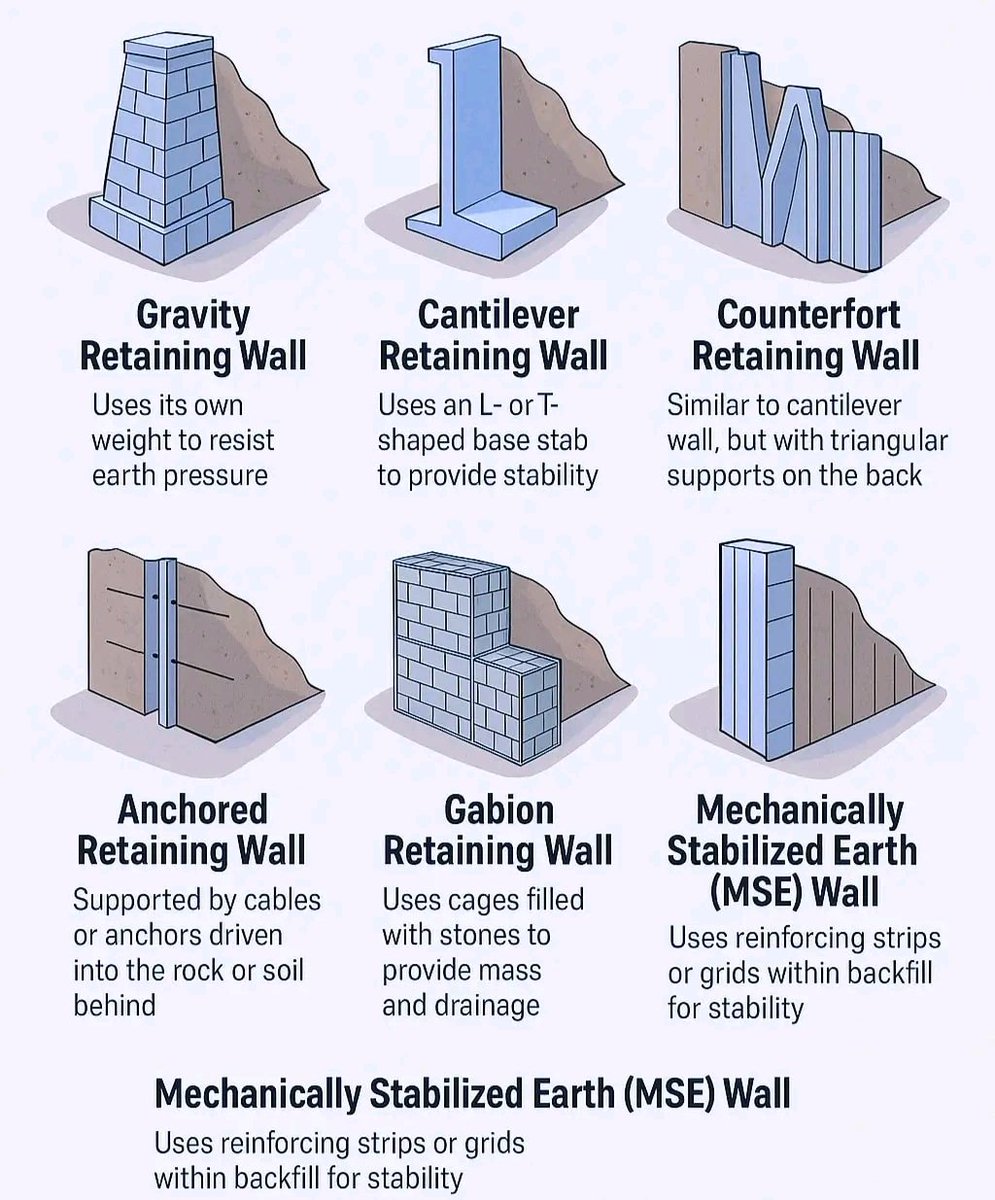 CivilEngCo's tweet photo. Types of Retaining Walls with Purpose...
Different retaining walls serve different purposes—from holding back soil on highways to beautifying landscapes. Learn which wall suits which job best!
#RetainingWallTypes #CivilEngineeringBasics #WallConstruction https://t.co/JKlGdcibjc