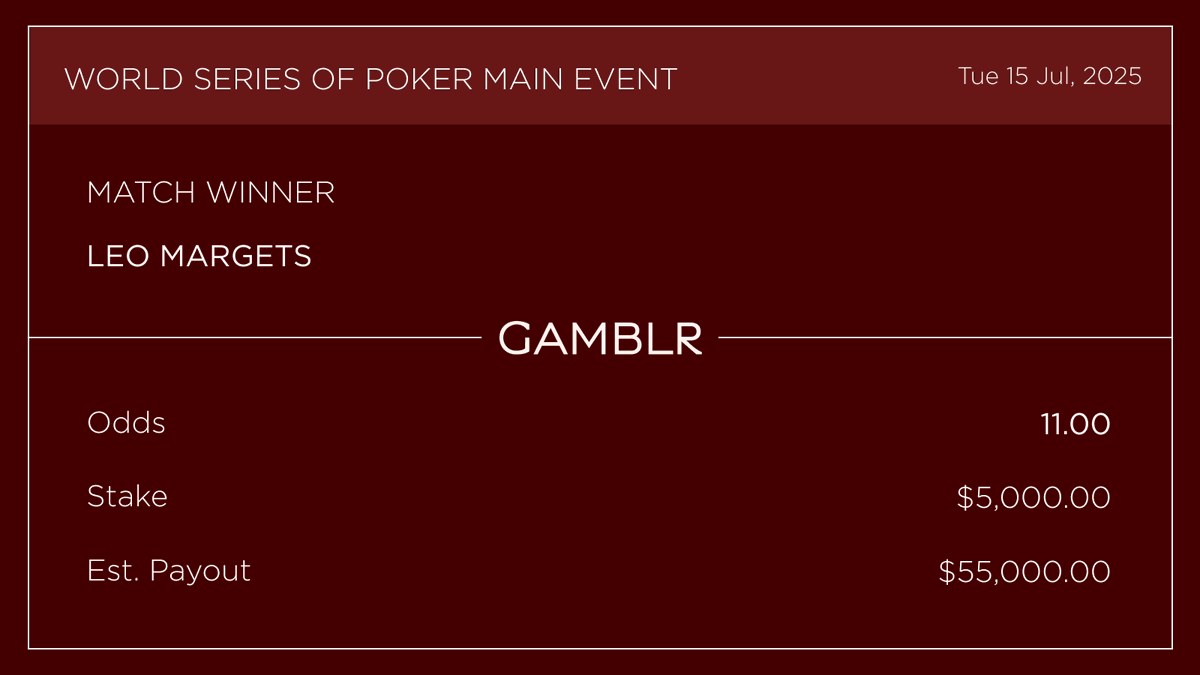 Big Bet - <a href="/WSOP/">WSOP - World Series of Poker</a>  🃏

A bettor has put $5,000 on <a href="/LeoMargets/">Leo Margets</a> to win the Main Event. (11.00) 💰

Possible Payout: $55,000 ⚡️

#WSOP2025