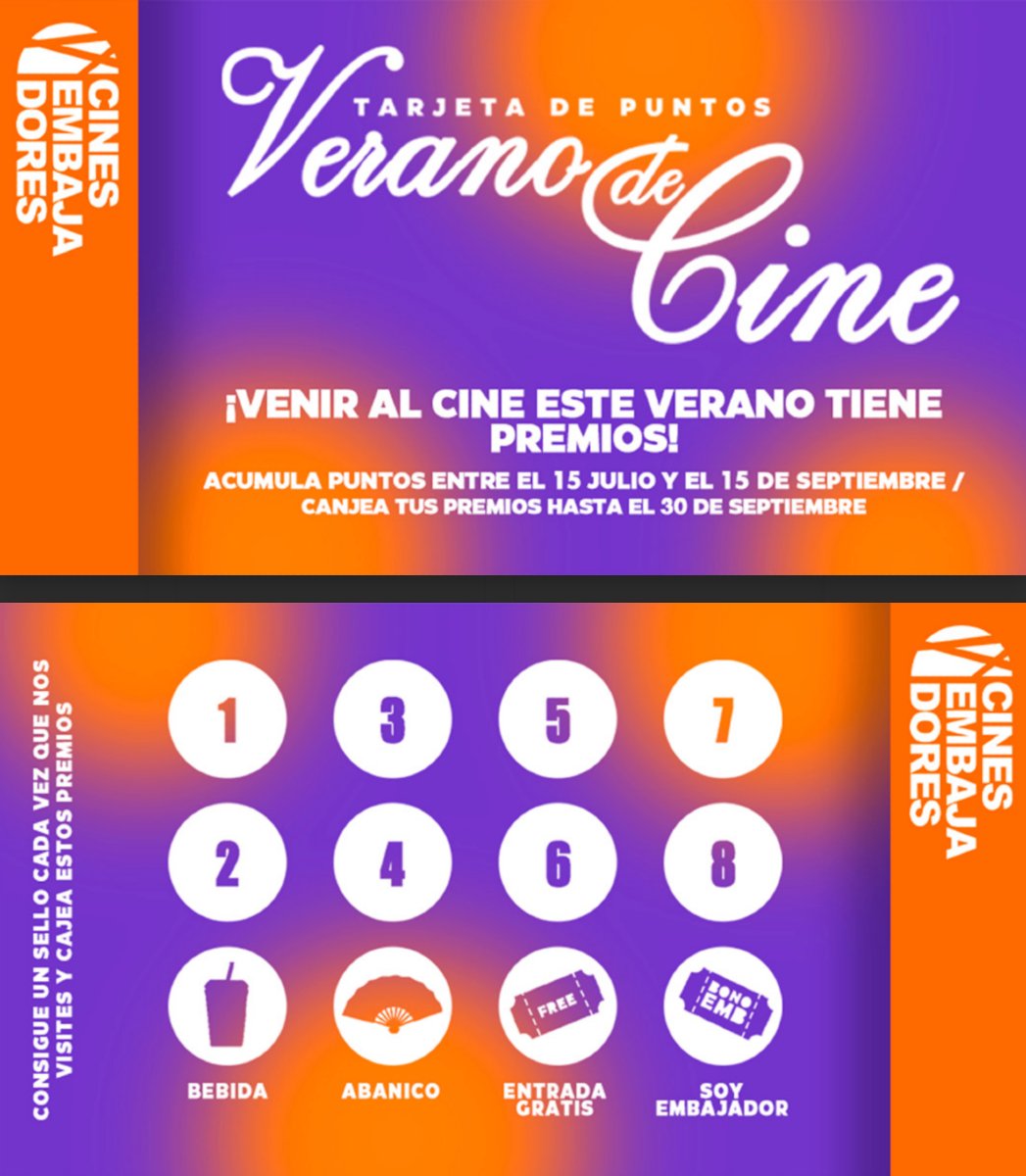 CineEmbajadores's tweet image. Este verano te lo vamos a poner muuuuuy fácil...¡venir al cine y ganar premios! 😊👀👋
Vuelve la TARJETA DEL VERANO!! Pídela GRATIS en taquilla y acumula sellos para ir ganando premios!! Ya disponible!!