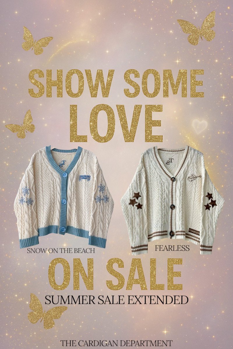 Summer Sale Extended! ✨
Your cardigan faves — Snow on the Beach ❄️ and Fearless (cable knit version) ⭐ — are staying on sale until the end of the month!

Up to 35% off, no code needed. Just cozy classics and dreamy details for less 🤍

thecardigandepartment.com/collections/sa…