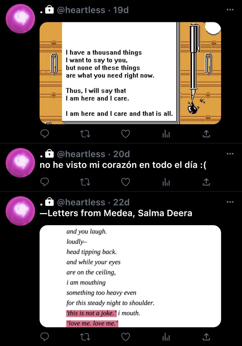 reygebait's tweet image. 007
congratulations, you've unlocked Reyna's secret yearner account! 🎉
- first quote from @/8bitfiction
- "no he visto mi corazón en todo el dia" - i haven't seen mi corazon all day