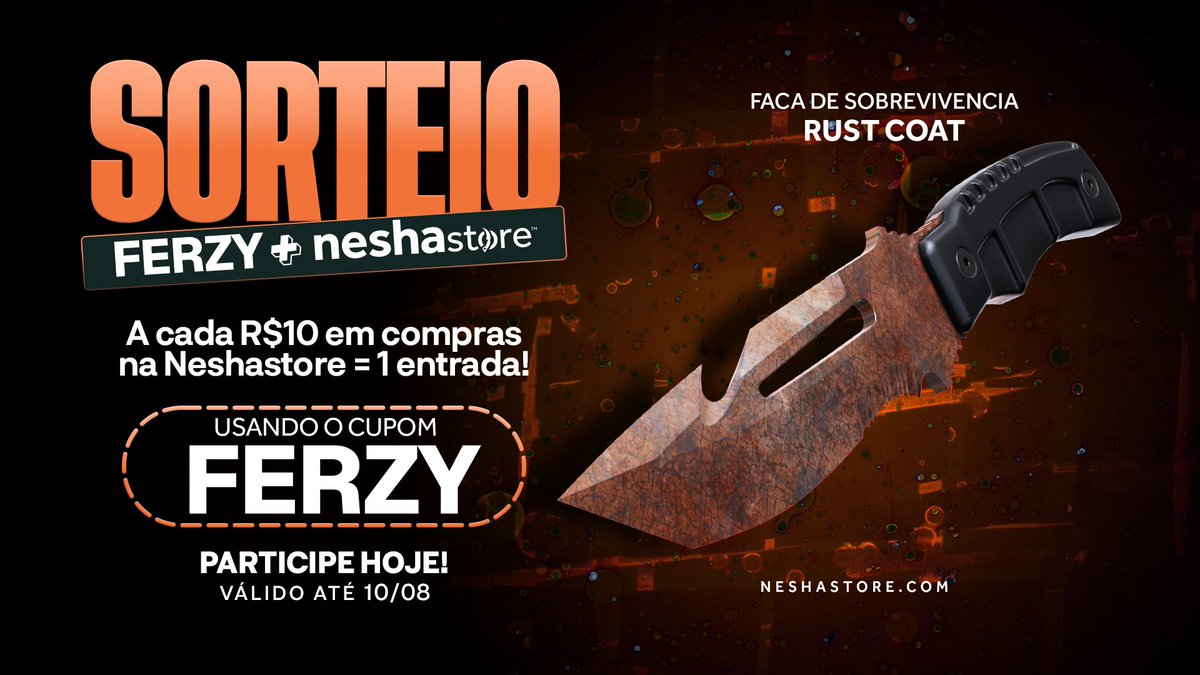 🚨 SORTEIO INSANO DE JULHO 🚨

Tô sorteando UMA FACA RUST COAT em parceria com a @neshastore 

A cada R$10 em compras usando o cupom FERZY, você ganha 1 ticket! (ticket's acumulativos)

-> Preencha o formulário: forms.gle/qxPfXwHTXptEoc…