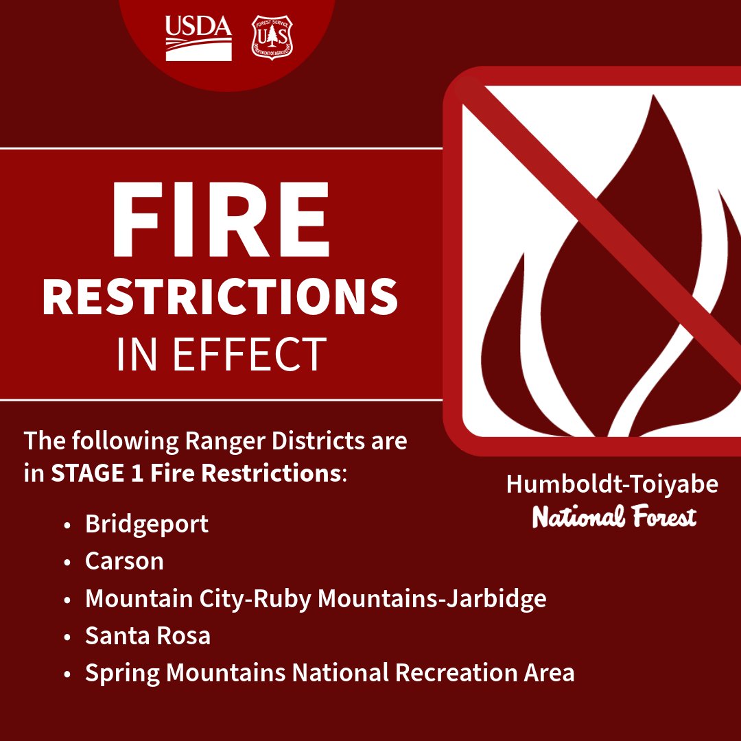HumboldtToiyabe's tweet image. Due to high temps in NV &amp;amp; eastern CA, various districts have fire restrictions. Extreme heat &amp;amp; dry conditions heighten #wildfire risks. For info on #firerestrictions: fs.usda.gov/r04/humboldt-t… or nevadafireinfo.org.